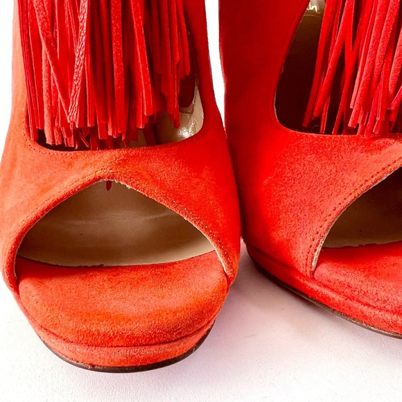 CHRISTIAN LOUBOUTIN || Fringe Peep Tassel Heels Otoka 120 Coral Suede US 7.5 - Picture 6 of 14